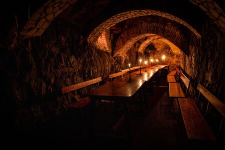Underground cellar lit with candles, La Botica Vieja, Pe?a La Amistad de Aranda de Dueroの写真素材