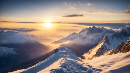 During the golden hour, the vast expanse of mountainous terrain reveals its majestic beauty, bathed in the warm, ethereal light.の素材