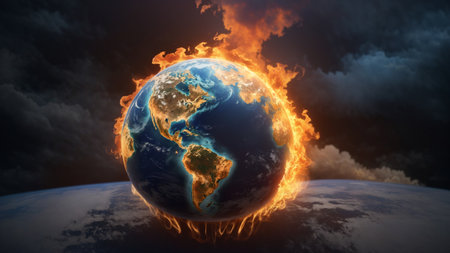 Earth's Global Inferno chillingly depicts a planet teetering on the brink of a catastrophic climate crisis, urging urgent action.の素材