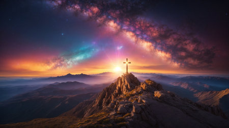 "Stellar Faith" showcases the cross's silhouette within a cosmic ballet, symbolizing unwavering belief in the grandeur of the universe. AI generated.の素材