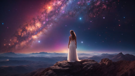 In a starlit reverie, a woman's solitary gaze is drawn into the intricate threads of the cosmic tapestry, lost in contemplation.の素材