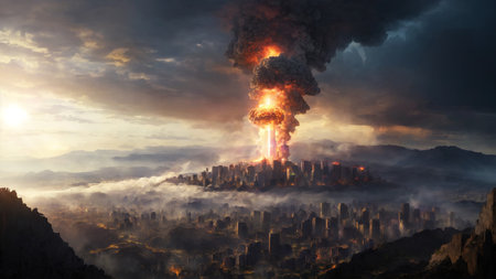 In the aftermath of doom, witness atomic devastation under ominous skies, a haunting landscape forever scarred by destructive forces.の素材