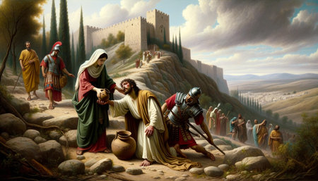 Compassion Along the Road to Golgotha: Offering the Fallen Christ Waterの素材