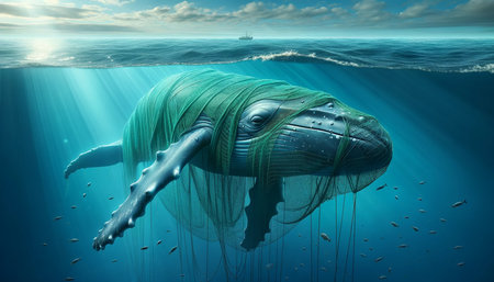 Whale's Silent Song: A majestic whale entangled in fishing nets, its song muffled by the weight of human negligence.の素材