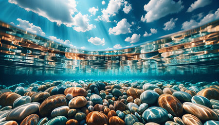 Submerged Treasures: Translucent Pool with Sunlit Pebblesの素材