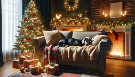 A Dachshund's Silent Night: Christmas in the Living Room waiting for Santa.の素材