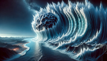 Tsunami's Wrath: Coastal Asteroid Crisis Unleashed. A colossal wave propels a massive asteroid, heralding nature's fury and an impending cataclysm on earth's shores.の素材