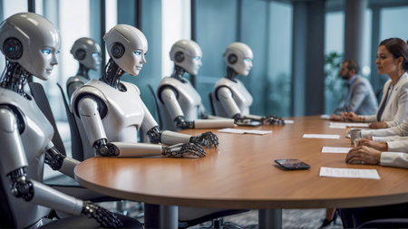 Futuristic Artificial Intelligence Robot team meeting with executives in office. Robots giving business advice.の素材