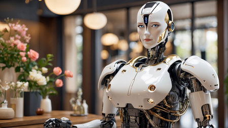 A Female AI Robot Performing Tasks at a Home Officeの素材