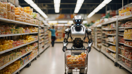 Futuristic Shopping: An AI Robot's Grocery Adventure in a Supermarket.の素材