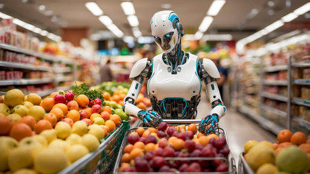 Automated Aisles: AI Robot's Shopping Journey Through the Futuristic Grocery Supermarketの素材