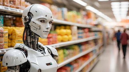 Digital Shopper of Tomorrow: AI Robot Navigating the Futuristic Grocery Landscapeの素材