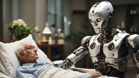 Futuristic AI Robot Attending to Elderly Patient in Modern Hospital Settingの素材