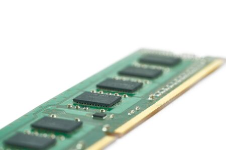 Electronic microcircuit with microchips and capacitors taken closeup