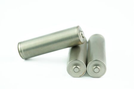 Several AA batteries in perspective closeup view on white background