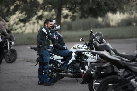 30-09-2019 Riga, Latvia motorbike on the road riding. having fun driving the empty road on a motorcycle tour journey. copyspace for your individual text.のeditorial素材