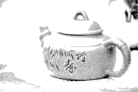 Chinese brown teapot and teacups on the wooden trivet isolated on whiteの写真素材
