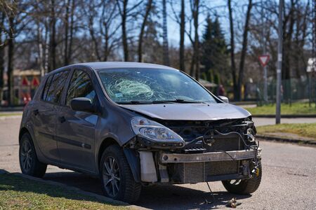 Car accident with damaged automobilesの写真素材