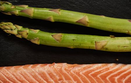 Salmon Fish Cooking Raw Fillet Pepper Salt Olive Oil Rosemary Lemon Green Asparagus Wooden Table...