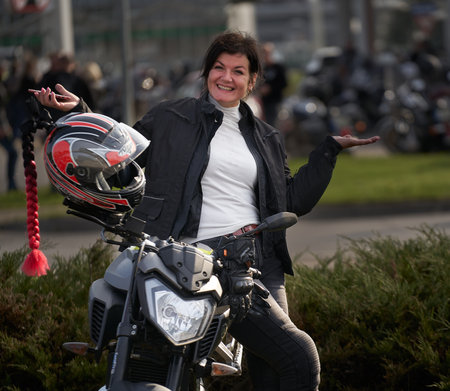 Riga, Latvia - September 22, 2020: Bikers celebrated the opening of motorcycling season by ride over city.のeditorial素材