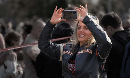 Riga, Latvia - September 22, 2020: Bikers celebrated the opening of motorcycling season by ride over cityのeditorial素材