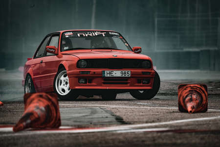 24-04-2021 BMW and tire marks on the asphalt. The car stalled. Drift. Burnout. Editorial photo.のeditorial素材