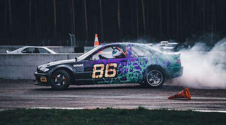 01-05-2021 Riga Latvia. Blured car drifting, motion blur drift