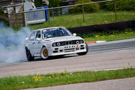 21-10-2021 Riga, LAtvia Car drifting, Sport car wheel drifting and smoking on track