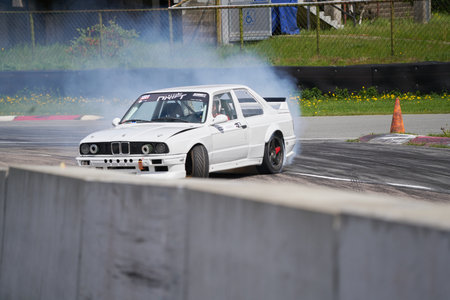 21-10-2021 Riga, LAtvia Car drifting, Sport car wheel drifting and smoking on track