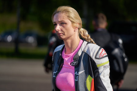 Lithuania, 05-06-2021 portrait of a beautiful young woman with leather jacket.のeditorial素材