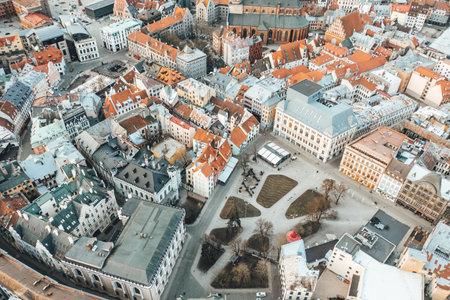 RIga rooftop view panorama at sunset with urban architectures and Daugava River.の写真素材