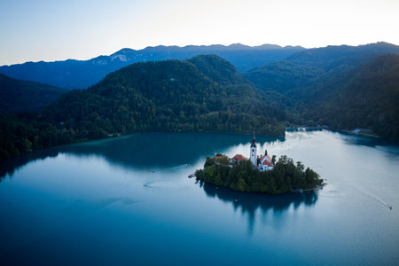 Bled with lake, island, castle and mountains in background, Slovenia, Europe.