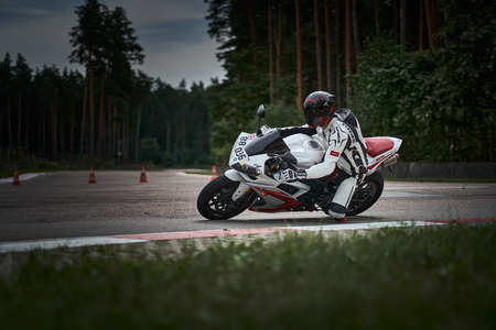 10-05-2021 Lithuania, Kaunas MotoGP rider, Motorcyclist rides at fast sport bike.