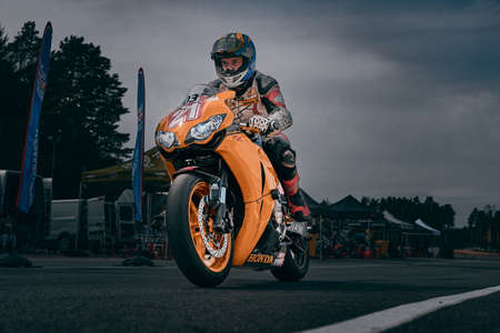 10-05-2021 Lithuania, Kaunas Moto rider, Motorcyclist rides at fast sport bike.のeditorial素材