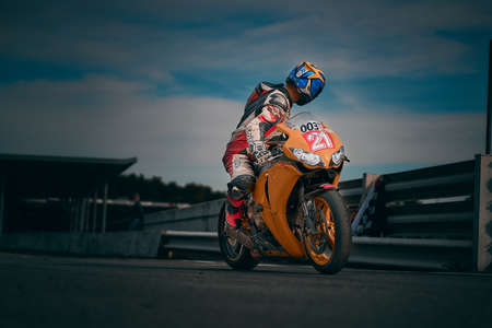 10-05-2021 Lithuania, Kaunas Moto rider, Motorcyclist rides at fast sport bike.のeditorial素材