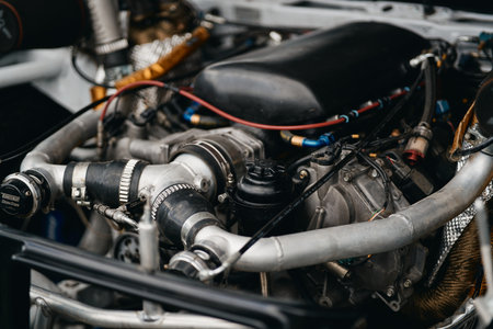 Close-up of the engine of a modern car with a blurred background.のeditorial素材