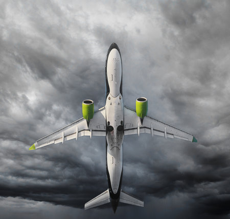 Airliner in the cloudy sky. 3d render illustration.