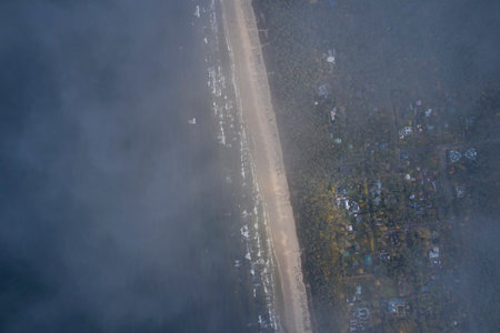 Aerial view of the road in the morning fog. view from above.の写真素材