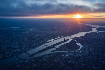 Aerial view of the city of Nizhny Novgorod at sunset.の写真素材