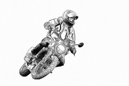 Biker on a motorcycle riding fast on the road. White silhouette of a motorcyclist in a helmet on a bike on a black background.のeditorial素材