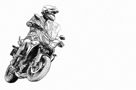 Biker on a motorcycle riding fast on the road. White silhouette of a motorcyclist in a helmet on a bike on a black background.のeditorial素材