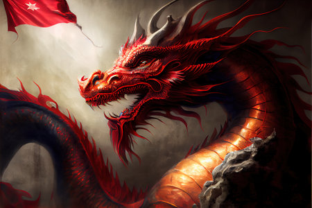 a red dragon with a flag in the background is shown in this painting of a red dragon with a flag in its mouth. .の写真素材