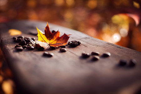 a leaf that is laying on a table with coffee beans on it and a blurry background of leaves. .の写真素材