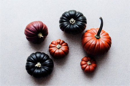 a group of four pumpkins sitting on top of a table next to each other on a white surface. .の写真素材
