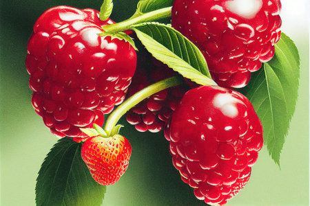 a painting of raspberries with leaves and drops of water on them. .