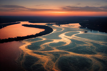 a river that is next to a forest with a sunset in the background and a river running through it. .