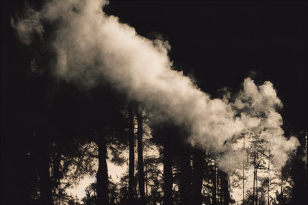 a smoke stack rising from a forest filled with trees at night time with a black background and white clouds. .の写真素材