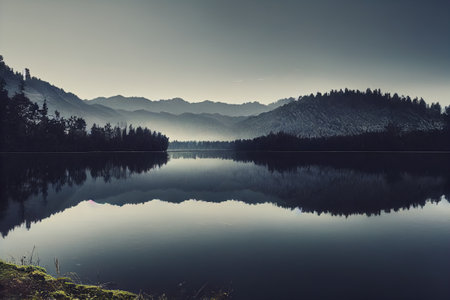 a lake surrounded by mountains and trees in the distance with a foggy sky above it and a few trees...