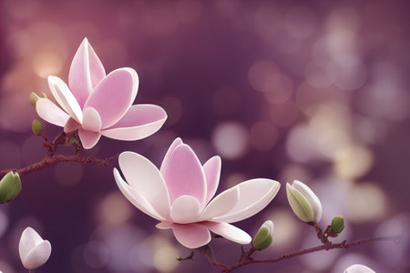 a branch with pink flowers on it with blurry background and bokeh of light coming from the top. .の写真素材