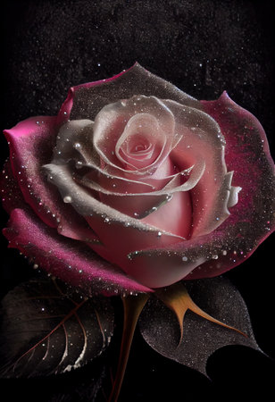 a pink rose with water droplets on it's petals and a black background with stars and dust on it. .の写真素材